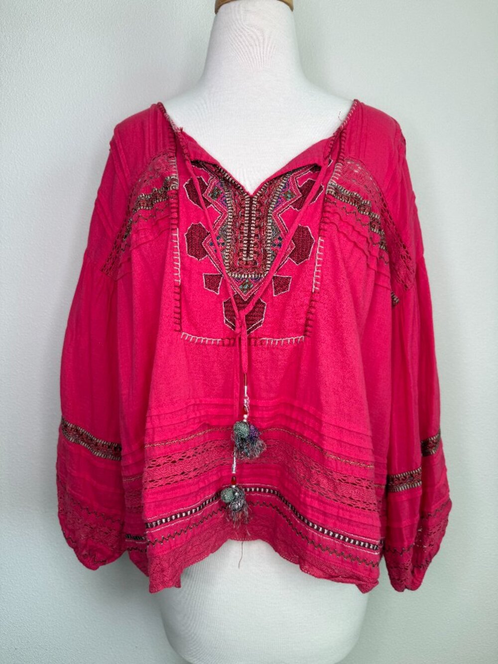 Sundance Blouse Hot Pink Embroidered Tassel Balloon Sleeve Top Boho Statement